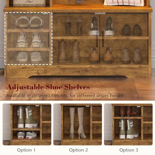 CSZZD Hall Tree with Bench and Shoe Storage, Farmhouse Entryway Bench with Coat Racks and Led Lights, Tall Hall Tree with 7 Coat Hooks, 6 Storage Cubbies, Adjustable Shelf, Rustic - color: Rustic Brown, size: 39.4"