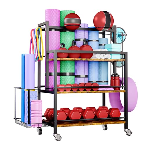 EasyCom Home Gym Storage, 4 Tier Large Capacity Rack for Dumbbells Kettlebells Foam Roller, Yoga Mat Strap and Resistance Bands, Exercise/Workout Equipment Storage Gym Organizer With Hooks and Wheels