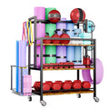 EasyCom Home Gym Storage, 4 Tier Large Capacity Rack for Dumbbells Kettlebells Foam Roller, Yoga Mat Strap and Resistance Bands, Exercise/Workout Equipment Storage Gym Organizer With Hooks and Wheels