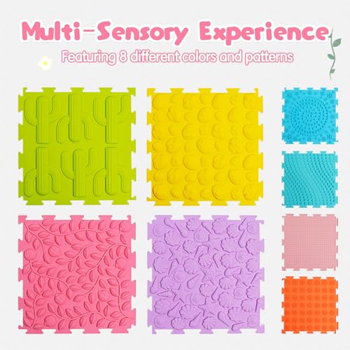 8 Pcs Sensory Mats, Sensory Tiles Puzzle Floor Mat for Kids Sensory Room Items，Different Patterns and Colors - Silicone Massage Orthopedic Mat for Children with Autism