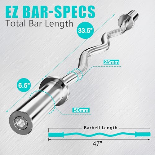 Olympic EZ Curl Barbell Bar, 47" Curl Bar for Weight Lifting,Chrome Curling Bar for 2 Inch Weight Plates，Biceps, triceps, Back/Leg Muscle Group Exercise,Training Bar for Home Gym - color: Silver
