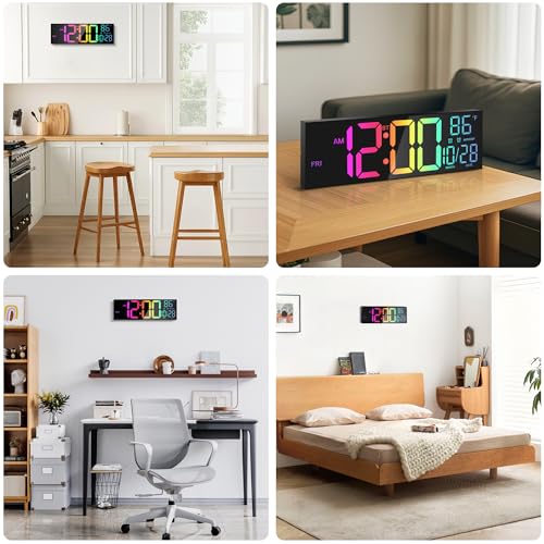 16.5" Digital Wall Clock with Bluetooth Auto-Sync, Large LED Display, Smart Auto Dimming, DST, Remote Control, Night Light, Date & Temperature for Living Room, Black - color: Black-multicolor