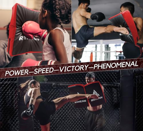 Martial Arts Kicking Shield Pad for Muay Thai, Taekwondo Football, Basketball, Hockey Training, 12x16in Denser Foam High-Density PU Leather Cover - color: Red Shield x2