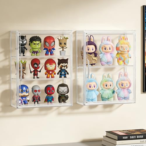 3 Tier Acrylic Display Case for Figures, Wall-Mounted Clear Storage Organizer Box with 2 Movale Plates & Magnetic Door, Display Cases for Collectibles Action Figure, 2 Pack - size: Standard 2 Pack