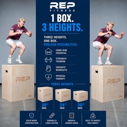 Rep Plyometric Wood Jump Box | CrossFit & Strength Training | 12 to 30" Range of Wooden Step Platforms | Gym & Sports Workouts | Fitness, Exercise, Physical Therapy Equipment | Pro Conditioning Tool - size: Large, 30" x 24" x 20"