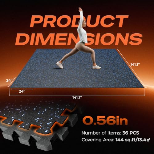 SUPERJARE 0.56'' Thick 36 Pcs 144 Sq Ft Rubber Top Exercise Equipment Mats, High Density EVA Foam Mats with Rubber Top, Interlocking Gym Flooring for Home Gym, Protective Workout Mat, Black/Blue - size: 36 Tiles (144 Sq Ft)