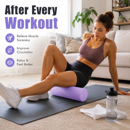 17.8 x 3.94 Inch Textured EVA Foam Roller, Compact Exercise Massage Roller for Muscle Rolling, Yoga, Pilates, Stretching and Home Gym Fitness，Purple - color: Purple