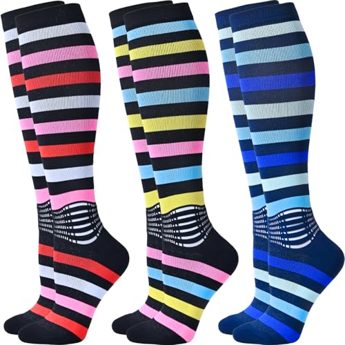 IRAMY Compression Socks Women Ankle Support Gradient Compression Wicking Moisture Knee High Socks 3 Packs - color: Black/White+black/Blue+dark Blue-3 Packs, size: X-Large
