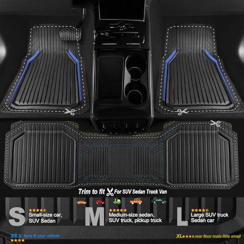 CAR PASS Heavy Duty Rubber Floor Mats for Car, Waterproof Liner Deep Dish Car Mats Full Sets, Universal Trim to Fit for SUV Truck Sedans Vans, All Weather Automotive Floor Mats 3pcs, Black Blue - color: Blue Black