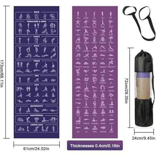 Yoga Mat Thick with Poses Stretches Double-Sided | Yoga Mat Non Slip Workout for Indoor Floor Home Travel Gym Studio Pilates Outdoor Balance Kneeling Physical Training