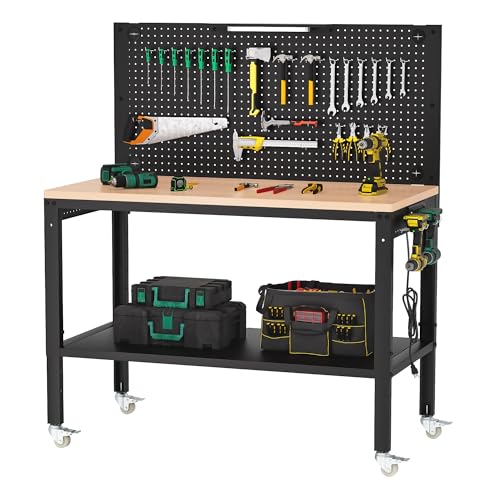 Antifir 48" Adjustable Height Workbench for Garage Work Table with Under Table Shelf & Pegboard, Max Load 2000 LBS Heavy Duty Wood Work Bench with Power Outlet for Commercial, Workshop, Office, Home - size: 48x24" Double Decked