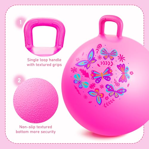 Hopper Ball, Pink Butterfly Hopping Toys for Kids, 20 Inch Bouncy Ball with Handle, Indoor Outdoor Inflatable Hippity Hop Toy for Girls Boys Gift with Free Pump - color: Pink butterfly, size: Age:7-12(20''/50cm)