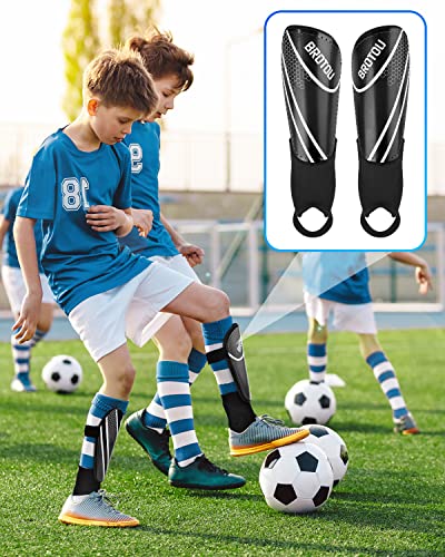 BROTOU Shin Guards Soccer Youth, Soccer Shin Guards for Kids 3-15 | Light Weight Adjustable Straps Shin Pads Protection Equipment with Ankle and Leg Calf Protection - color: BLACK, size: Large
