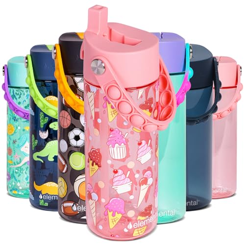 Elemental Water Bottles for Kids - Splash Kids Water Bottle for School with Pop-it Handle - BPA Free Tritan Plastic Water Bottle with Straw Leak Proof when Spout is Closed - Ice Cream - 18oz - color: Ice Cream