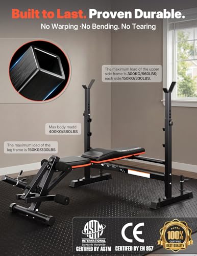 YOLEO Weight Bench with Rack - Bench Press Set, Leg Extension, Preacher Curl & Flat/Incline/Decline Full Body Workout Bench, Adjustable Olympic Weight Benches for Home Gym(47.44IN WIDE GRIP)