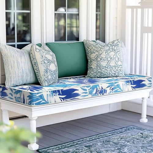 Outdoor Bench Cushion 48 x 18 inch Water-Resistant Patio Furniture Cushions for Garden Swing Porch Sofa Settee Pads with Handle and Adjustable Straps, Blue Leaf - color: Leaf Blue, size: 48x18x3 Inch-Rectangle (1 Pack)