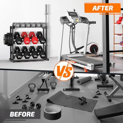 PLKOW Adjustable 3-Tier Dumbbell Rack with Barbell & Weight Plate Storage for Home Gym, Heavy Duty Steel Weight Rack Stand, Angle Height Width Adjustable Gym Organizer - color: Deep Black