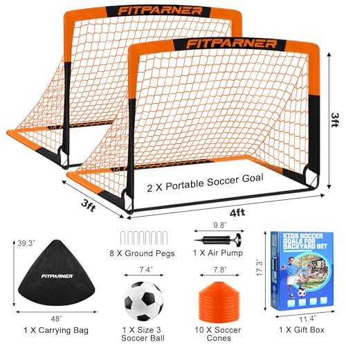 Kids Soccer Goals for Backyard Set - 2 Pack of Portable Pop Up Soccer Nets with Ball,Cones,Complete Training Equipment Kit for Toddler,Youth,Kids Age 3-14,Outdoor Sports Game - color: Orange Black, style: 4x3FT