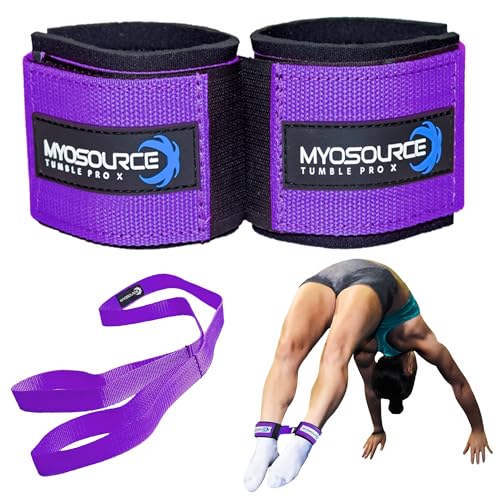 Myosource Kinetic Bands Tumble Pro X Ankle Straps Kit – Cheerleading Standing Tumbling Equipment, Gymnastics Backhandspring Trainer – Includes Flexibility Stunt Stretch Strap – Blue, Pink, Purple - color: Purple