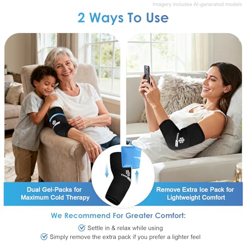ComfiTECH Dual-Gel Elbow Ice Pack Wrap for 30-Minute Cooling & Injuries, Reusable Gel Forearm Brace for Tendonitis, Cold Compression Sleeve for Pitchers, Tennis Elbow & Golfer Arm Relief, M, 2 Packs - size: Medium