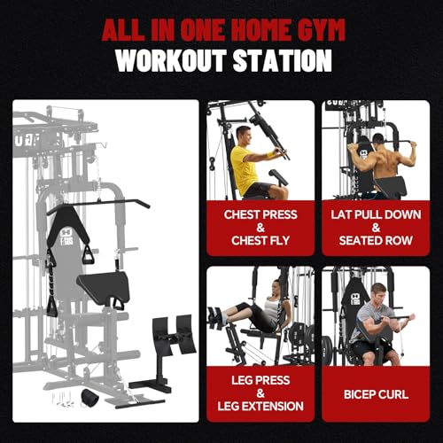 All in One Home Gym System Workout Station, Multi-Function Smithe Machine Power Cage with Cable Crossover System, Tripe-Sided Independent Load Posts, Functional Trainer for Full Body Training - color: Black, style: Home Gym Station