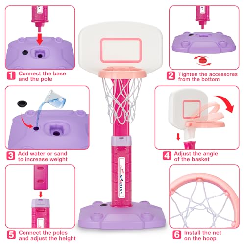 Basketball Hoop Indoor Outdoor Toys for Toddlers 1-3, Kids Basketball Hoop with 3 Balls, Adjustable Mini Basketball Goal, Christmas Birthday Sports Toys Gift for Baby Boys Girls Age 1 and Up | Basketball Hoop for Kids with 5 Adjustable Heights, 3 Soft Bal