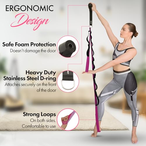 10-Loop Yoga Strap with Door Anchor – Stretch Strap for Flexibility, Deep Stretching, and Improved Balance – Perfect Yoga Accessory for All Fitness Levels - color: Purple