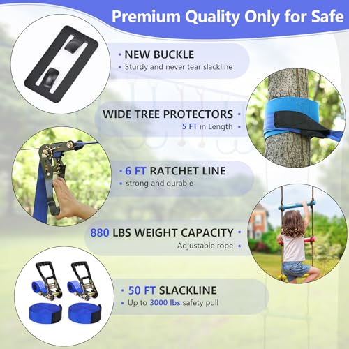 Ninja Warrior Obstacle Course for Kids,2×56ft Slackline Kit with 10 Ninja Accessories - Monkey Bar,Rope Ladder,Gymnastic Ring,Arm Trainer and Monkey Fist+Fast-Setup Buckles,Supports 880 lbs - size: 10 Obstacles