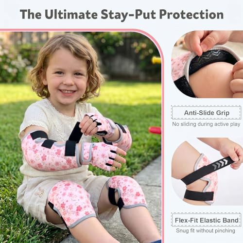 Soft Toddler Knee Pads and Elbow Pads Set with Bike Gloves | Non-Slip Toddler Knee Pads for Boys Girls 2-4 Years, Breathable Kids Protective Gear for Balance Bike, Scooter, Bicycle - color: Pink Flowers