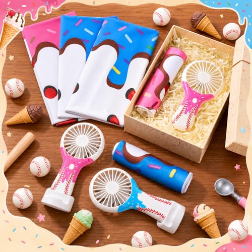 Woanger 24 Pcs Ice Cream Drip Baseball Cooling Towels and Mini Handheld Fans Set Bulk 3 Speeds USB Portable Fans with Sprinkle Design Cooling Towels for Sports Team Games Party Favors Summer Gifts - style: Ice Cream Drip