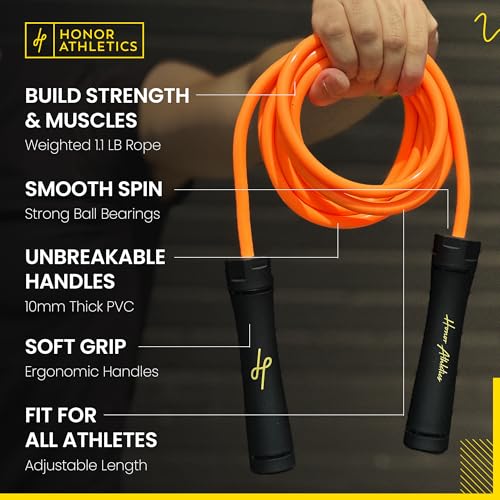 Honor Athletics 3.0 Muay Thai Style Weighted Jump Rope/Crafted for High-Intensity Training/Muay Thai & MMA - Lasting PVC Jump Rope - Heavy 1.1lb PVC Jump Ropes for Fitness - color: Neon Orange