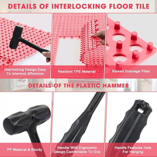 Drydiet 8 Pack Drainage Tiles Modular Interlocking Floor Tiles with 1 Pc Plastic Hammer 12" x 12" Cushion Mat Non Slip Rubber Floor mat with Holes for Pool Bathroom Deck Kitchen Patio (Dark Red) - color: Dark Red