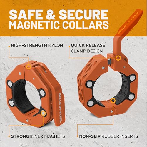 Magnetic Barbell Collars [Bells of Steel] Version 2.0 Premium Weight Bar Clamps, Quick Release Barbell Clips, Olympic Barbell Clamps, High-Strength Nylon Gym Clips, Pair, Orange - color: Orange V.2