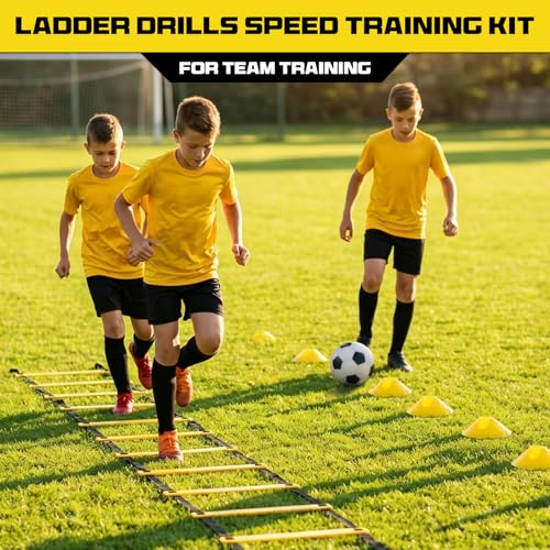 2 Pack 20ft Agility Ladder Set, 40ft Total Adjustable Speed Ladder with 12 Cones, 8 Stakes, 1 Carry Bag - Parallel Footwork Drills Gear for Football Soccer Basketball Training Equipment - color: Yellow