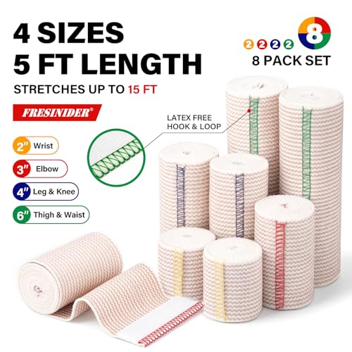 FRESINIDER Premium Elastic Bandage Wrap, 8 Pack Sizes (2", 3", 4", 6"), Cotton Compression Bandage with Hook & Loop Closure Both Ends, 5 ft Long (Stretches up to 15 ft), First Aid & Sports Support - color: 8 Pack Value Pack