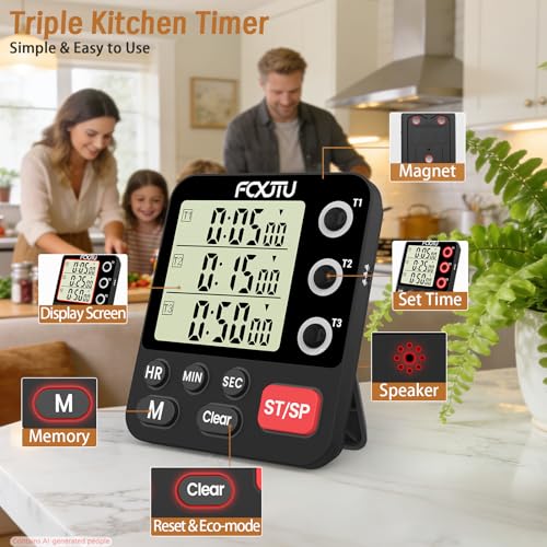 Digital Dual Triple Kitchen Timer, 3-Channel Magnetic Countdown Timer for Cooking, Large Display Stopwatch Multi Food Classroom Timer Loud Alarm for Seniors Teachers Battery Included (Black) - size: YS318 Black