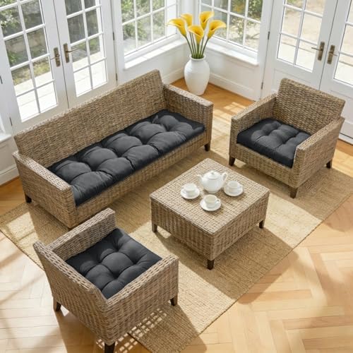 Wicker Chair Cushions of 3 Pieces, Waterproof Cushions for Patio Furniture, Tufted Wicker Outdoor Furniture Cushions, 1 Patio Loveseat Cushion and 2 U-Shaped Cushions, 44"x19"x5", Dark Grey - color: Dark Grey