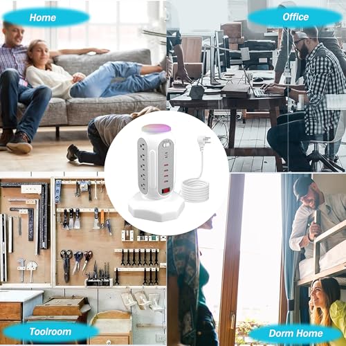 Power Strip Tower 15 Outlets 6 USB Ports, Surge Protector with Colorful Led-Light & PD 30W USB-C Fast Charger, Desktop Charging Station with 6.5ft Heavy Duty (White) - style: PD-30W-WHITE