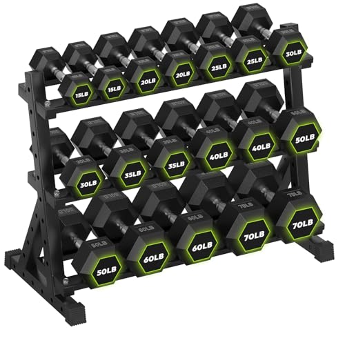 HANDBODE Dumbbell Set with 3-Tier Rack, 390-790 lb | Heavy Duty Weight Stand for Dumbbells, Space-Saving Metal Storage Organizer, Sturdy Dumbbell Holder for Home Gym - style: 690 lb Set (15-70 lb) *2 & Rack