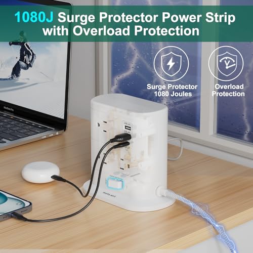 10 in 1 Surge Protector Power Strip Tower - 5Ft Flat Plug Extension Cord with 7 Outlets 3 USB Ports (1 USB C), Desk Power Strips with Surge Protection for Home Office Supplies Dorm Room Essentials