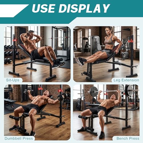 DUMOS Adjustable Weight Bench Set with Rack, 650LBS Foldable Bench Press | Easy Assembly Workout Set with Leg Extension Curl, for Indoor Exercise Home Gym - color: RED, size: 62''*37''*45''