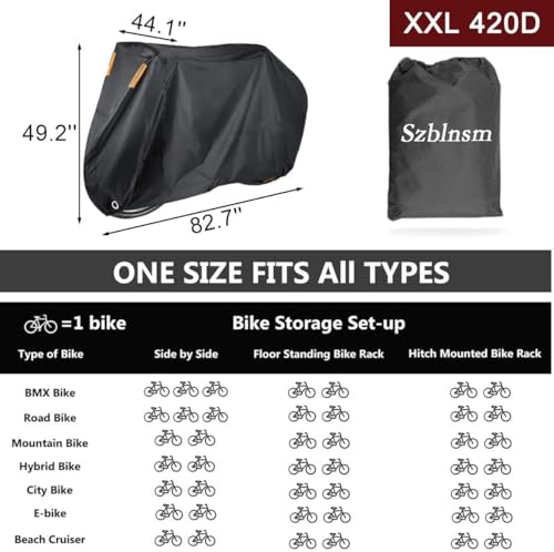Szblnsm Bike Cover for 1, 2 or 3 Bikes Outdoor Waterproof Bicycle Covers 420D Heavy Duty Ripstop Material Offers Constant Protection for All Types of Bicycles All Through The 4 Seasons - size: XL for 1 or 2 Bikes