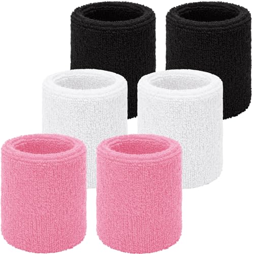 Willbond Wrist Sweatbands, Sports Sweatbands for Competition, Sweat Absorbent, for Basketball, Tennis, Football, Running and Work (Pack of 6) - color: Black,White ,Light Pink
