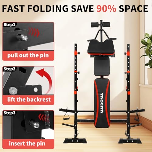 MAIDOMA 1500LBS Foldable 8 IN 1 Weight Bench Set, Adjustable Flat Incline Decline Bench Press with Upgraded Wide Squat Rack and Leg Extension for Full Body Home Gym Workout (US Stock) - color: coral red