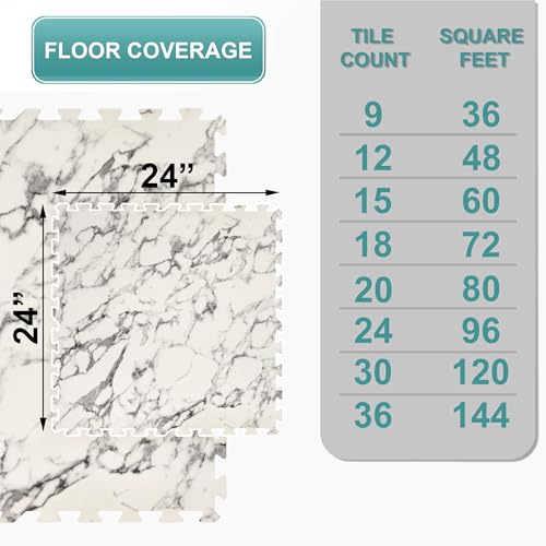 Sorbus 120 Sq. Ft. Wood Grain Floor Tiles Foam Mat EVA Interlocking Mats Tile 3/8-Inch Thick Flooring Wood Puzzle Exercise Mats w/Borders - Home Playroom Basement, Apartment, Trade Show, Baby, Dance - color: White Marble, size: 30 Pack