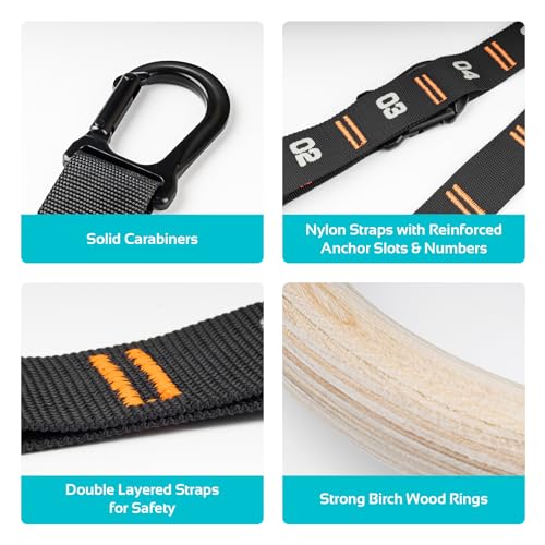 Vulken Wooden Gymnastic Rings with Adjustable Numbered Straps. 1.25'' Olympic Rings for Core Workout, Crossfit, Bodyweight Training. Home Gym Rings with 8.5ft Exercise Straps and Workout Handles.