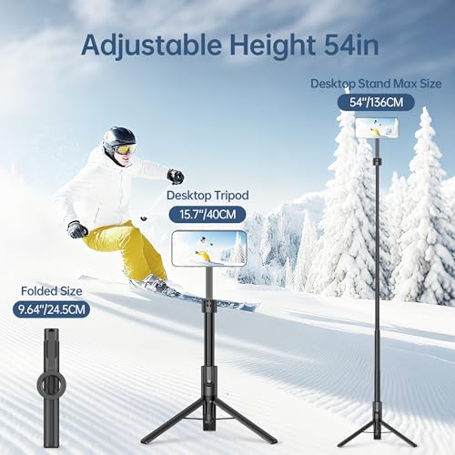 Magnetic Phone Tripod for iPhone 54" Automatic Pop-up Selfie Stick | Tripod Stand with Remote and Metal Ring for Cell Phone Video Recording/Photography/Vlogging (Balck) - color: Black, size: 54in