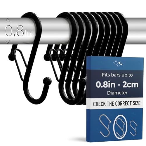 10-Pack Metal S Hooks for Hanging – Heavy-Duty S-Shaped Hook with Safety Buckle – Fits Bars up to 0.8 in – Anti-Drop S-Hooks for Kitchen, Bathroom, Closet & Pot Racks – Black (Medium) - color: Black, size: Medium - 0.8In Diameter