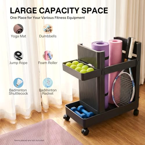 Workout Equipment Storage Cart, Floor Standing Multifunctional Fitness Gear Organizer Rack with Wheels for Home Gym, Yoga Studio, Gray - color: Gray