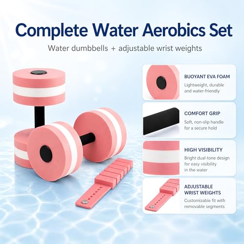 Pool Exercise Equipment, 2 Pool Dumbbells and 2 Wrist Weights | eva foam dumbbells, adjustable straps, low impact pool workout, for aquatic fitness swimming training